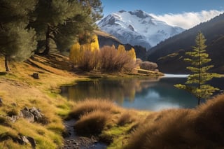 Instrucciones para generar un paisaje de montaña (con picos nevados y árboles frondosos) junto a un lago (de aguas cristalinas)