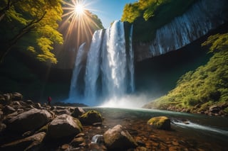 (((full length portrait))) (((masterpiece))) (((super realistic))) (((8K))) (((wide shot))) (((side angle))) ( ((maximum detail))) (((hyperrealistic))) giant waterfall, bright sun, studio lighting, film lighting, vibrant colors, vivid colors, photographic film, Fujifilm XT3 captured by a Samyang 85mm F1.4 Fe E lens , 80mm Sigma f/1.4, (((Regular Zoom)))