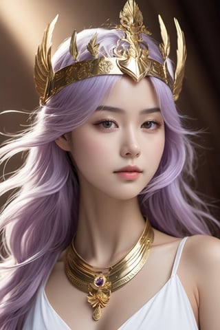 Realistic, Saori Kido, also known as Athena, is a 16-year-old girl of great elegance and beauty that arouses admiration around her. Her hair is long and a purple-blonde hue, flowing smoothly to her shoulders and framing her face. Her eyes are a deep light blue, with a serene and compassionate look that reflects her role as protector and leader. She wears a flowing white gown that falls to her ankles, decorated with golden details and intricate embroidery denoting her position as the goddess Athena. She wears a golden belt that adjusts the dress to her figure, and a similarly golden necklace adorns her neck. On her left wrist, she wears a gold bracelet with a small symbol representing the Pegasus constellation, in honor of the Knight of Pegasus, Seiya, one of her faithful protectors. In her right hand, she holds a ceremonial scepter that exudes a sense of divine power. Atop the scepter is a miniature replica of Pegasus' armor helmet, symbolizing his connection to the Bronze Knights and his mission to protect Earth. The expression on her face combines grace and serenity, with a slight smile reflecting her confidence in good and her desire to protect humanity. Her presence radiates authority and warmth, inspiring those around her to fight for justice and peace, full body shot, cinematic lighting, captured full body through the lens of a high speed DSLR camera.