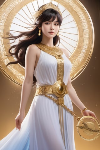 realistic, Saori Kido, also known as Athena, is a young woman of great elegance and beauty who arouses admiration around her. Her hair is long and a purple-blonde hue, flowing smoothly to her shoulders and framing her face. Her eyes are a deep light blue, with a serene and compassionate look that reflects her role as protector and leader. She wears a flowing white gown that falls to her ankles, decorated with golden details and intricate embroidery denoting her position as the goddess Athena. She wears a golden belt that adjusts the dress to her figure, and a similarly golden necklace adorns her neck. On her left wrist, she wears a gold bracelet with a small symbol representing the Pegasus constellation, in honor of the Knight of Pegasus, Seiya, one of her faithful protectors. In her right hand, she holds a ceremonial scepter that exudes a sense of divine power. Atop the scepter is a miniature replica of Pegasus' armor helmet, symbolizing his connection to the Bronze Knights and his mission to protect Earth. The expression on her face combines grace and serenity, with a slight smile reflecting her confidence in good and her desire to protect humanity. Her presence radiates authority and warmth, inspiring those around her to fight for justice and peace, full body capture.