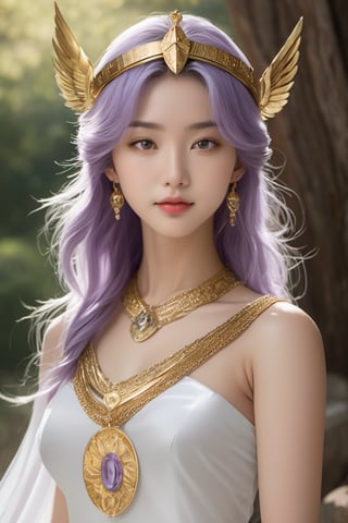 realistic, full-length portrait, Saori Kido, also known as Athena, is a 16-year-old girl of great elegance and beauty who arouses admiration around her. Her hair is long and a purple-blonde hue, flowing smoothly to her shoulders and framing her face. Her eyes are a deep light blue, with a serene and compassionate look that reflects her role as protector and leader. She wears a flowing white gown that falls to her ankles, decorated with golden details and intricate embroidery denoting her position as the goddess Athena. She wears a golden belt that adjusts the dress to her figure, and a similarly golden necklace adorns her neck. On her left wrist, she wears a gold bracelet with a small symbol representing the Pegasus constellation, in honor of the Knight of Pegasus, Seiya, one of her faithful protectors. In her right hand, she holds a ceremonial scepter that exudes a sense of divine power. Atop the scepter is a miniature replica of Pegasus' armor helmet, symbolizing her connection to the Bronze Knights and her mission to protect Earth. The expression on her face combines grace and serenity, with a slight smile reflecting her confidence in good and her desire to protect humanity. Her presence radiates authority and warmth, inspiring those around her to fight for justice and peace, full body shot, cinematic lighting, captured full body through the lens of a high speed DSLR camera.