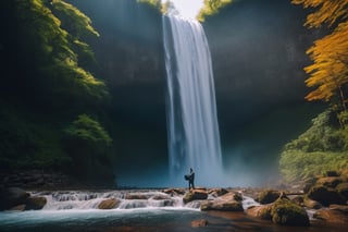 (((full length portrait))) (((masterpiece))) (((super realistic))) (((8K))) (((wide shot))) (((side angle))) ( ((maximum detail))) (((hyperrealistic))) giant waterfall, studio lighting, cinematic lighting, vibrant color, photographic film, Fujifilm XT3 captured by a Samyang 85mm F1.4 Fe E, 80mm Sigma f/1.4 lens , (((Regular Zoom)))