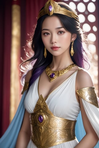 realistic, full-length portrait, Saori Kido, also known as Athena, is a 16-year-old girl of great elegance and beauty who arouses admiration around her. Her hair is long and a purple-blonde hue, flowing smoothly to her shoulders and framing her face. Her eyes are a deep light blue, with a serene and compassionate look that reflects her role as protector and leader. She wears a flowing white gown that falls to her ankles, decorated with golden details and intricate embroidery denoting her position as the goddess Athena. She wears a golden belt that adjusts the dress to her figure, and a similarly golden necklace adorns her neck. On her left wrist, she wears a gold bracelet with a small symbol representing the Pegasus constellation, in honor of the Knight of Pegasus, Seiya, one of her faithful protectors. In her right hand, she holds a ceremonial scepter that exudes a sense of divine power. Atop the scepter is a miniature replica of Pegasus' armor helmet, symbolizing her connection to the Bronze Knights and her mission to protect Earth. The expression on her face combines grace and serenity, with a slight smile reflecting her confidence in good and her desire to protect humanity. Her presence radiates authority and warmth, inspiring those around her to fight for justice and peace, full body shot, cinematic lighting, captured full body through the lens of a high speed DSLR camera.