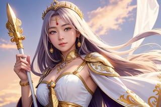 realistic, full-length portrait, Saori Kido, also known as Athena, is a 16-year-old girl of great elegance and beauty who arouses admiration around her. Her hair is long and a purple-blonde hue, flowing smoothly to her shoulders and framing her face. Her eyes are a deep light blue, with a serene and compassionate look that reflects her role as protector and leader. She wears a flowing white gown that falls to her ankles, decorated with golden details and intricate embroidery denoting her position as the goddess Athena. She wears a golden belt that adjusts the dress to her figure, and a similarly golden necklace adorns her neck. On her left wrist, she wears a gold bracelet with a small symbol representing the Pegasus constellation, in honor of the Knight of Pegasus, in her right hand, she holds a ceremonial scepter that exudes a sense of divine power, the expression on her face he combines grace and serenity, with a slight smile that reflects his confidence in good and his desire to protect humanity. Her presence radiates authority and warmth, inspiring those around her to fight for justice and peace, full body shot, cinematic lighting, full body shot through the lens of a high speed DSLR camera, portrait of whole body.