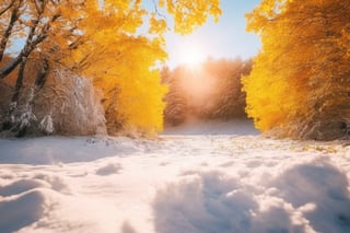 (((full length portrait))) (((masterpiece))) (((super realistic))) (((8K))) (((wide shot))) (((side angle))) ( ((maximum detail))) (((hyperrealistic))) snow field with yellow trees, bright sun, studio lighting, film lighting, vibrant colors, vivid colors, photographic film, Fujifilm XT3 captured by a Samyang 85mm F1 lens .4 Fe E, 80mm Sigma f/1.4, (((Regular Zoom)))