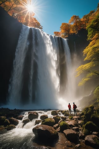 (((full length portrait))) (((masterpiece))) (((super realistic))) (((8K))) (((wide shot))) (((side angle))) ( ((maximum detail))) (((hyperrealistic))) giant waterfall, bright sun, studio lighting, film lighting, vibrant colors, vivid colors, photographic film, Fujifilm XT3 captured by a Samyang 85mm F1.4 Fe E lens , 80mm Sigma f/1.4, (((Regular Zoom)))