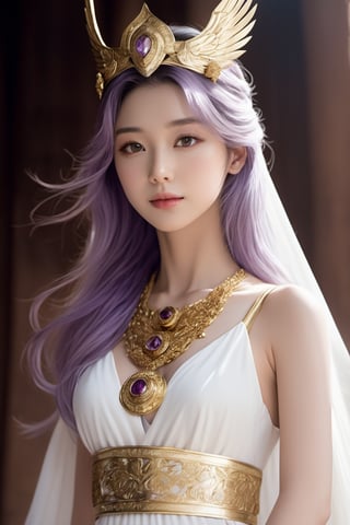 realistic, full-length portrait, Saori Kido, also known as Athena, is a 16-year-old girl of great elegance and beauty who arouses admiration around her. Her hair is long and a purple-blonde hue, flowing smoothly to her shoulders and framing her face. Her eyes are a deep light blue, with a serene and compassionate look that reflects her role as protector and leader. She wears a flowing white gown that falls to her ankles, decorated with golden details and intricate embroidery denoting her position as the goddess Athena. She wears a golden belt that adjusts the dress to her figure, and a similarly golden necklace adorns her neck. On her left wrist, she wears a gold bracelet with a small symbol representing the Pegasus constellation, in honor of the Knight of Pegasus, Seiya, one of her faithful protectors. In her right hand, she holds a ceremonial scepter that exudes a sense of divine power. Atop the scepter is a miniature replica of Pegasus' armor helmet, symbolizing her connection to the Bronze Knights and her mission to protect Earth. The expression on her face combines grace and serenity, with a slight smile reflecting her confidence in good and her desire to protect humanity. Her presence radiates authority and warmth, inspiring those around her to fight for justice and peace, full body shot, cinematic lighting, full body shot through the lens of a high speed DSLR camera, portrait of whole body.