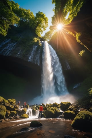 (((full length portrait))) (((masterpiece))) (((super realistic))) (((8K))) (((wide shot))) (((side angle))) ( ((maximum detail))) (((hyperrealistic))) giant waterfall, bright sun, studio lighting, film lighting, vibrant colors, vivid colors, photographic film, Fujifilm XT3 captured by a Samyang 85mm F1.4 Fe E lens , 80mm Sigma f/1.4, (((Regular Zoom)))