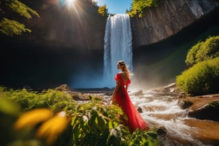 (((full length portrait))) (((masterpiece))) (((super realistic))) (((8K))) (((wide shot))) (((side angle))) ( ((maximum detail))) (((hyperrealistic))) giant waterfall, bright sun, studio lighting, film lighting, vibrant colors, vivid colors, photographic film, Fujifilm XT3 captured by a Samyang 85mm F1.4 Fe E lens , 80mm Sigma f/1.4, (((Regular Zoom)))