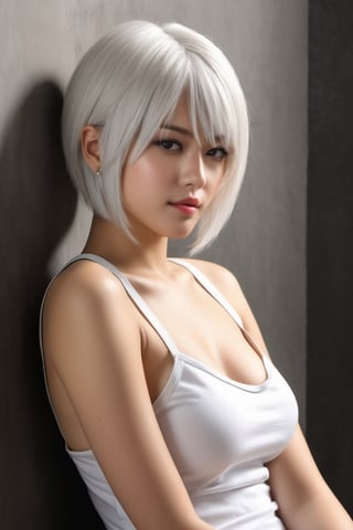 (((full-length portrait))) (((hyper-realistic skin))) (((extremely realistic skin detail))) (((skin with detailed shadows))) (((masterpiece, highest quality)) ), (realistic, photo_realistic:1.9) ((Photo session)) ((general shot)) ((side shot)) A2, nier automata (((white hair))) sitting and leaning on a wall, studio lighting , sharp focus, 8k, UHD, high quality, frown, intricate details, highly detailed, hyper-realistic, (((regular zoom)))