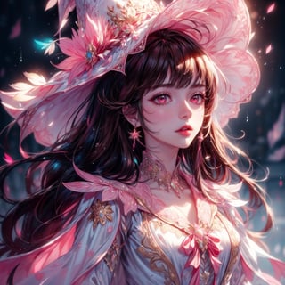 masterpiece, best quality, illustration 1 girl, a beautiful witch casting a spell in the rain, raining hard, looking up, ornate white pink and gold wizard clothes, white and pink wizard hat with pink jewels, elegant, detailed celestial environment, luminous mushrooms,  (dynamic lighting:1.2), cinematic lighting, delicate elegant facial features, detailed eyes, pink eyes, long brunette hair, realistic pupils, depth of field, sharp focus, (hyper-detailed, bloom, glow:1.4), brown hair, full lips, bright pink eyes, mystical atmosphere, kind face, sexy,