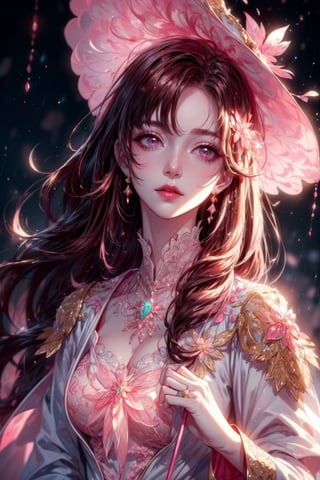 masterpiece, best quality, illustration 1 girl, a beautiful witch casting a spell in the rain, raining hard, looking up, ornate white pink and gold wizard clothes, white and pink wizard hat with pink jewels, elegant, detailed celestial environment, luminous mushrooms,  (dynamic lighting:1.2), cinematic lighting, delicate elegant facial features, detailed eyes, pink eyes, long brunette hair, realistic pupils, depth of field, sharp focus, (hyper-detailed, bloom, glow:1.4), brown hair, full lips, bright pink eyes, mystical atmosphere, kind face, sexy,