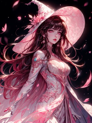 masterpiece, best quality, illustration, full body facing viewer, a beautiful witch casting a spell with planets around her, ornate white pink and gold wizard clothes, white and pink wizard hat with pink jewels, elegant, detailed celestial environment, luminous mushrooms,  (dynamic lighting:1.2), cinematic lighting, delicate elegant facial features, detailed eyes, pink eyes, long brunette hair, realistic pupils, depth of field, sharp focus, (hyper-detailed, bloom, glow:1.4), brown hair, full lips, bright pink eyes, mystical atmosphere, kind face, sexy, 