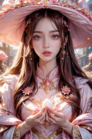 masterpiece, best quality, illustration, full body facing viewer, a beautiful witch casting a spell with planets around her, ornate white pink and gold wizard clothes, white and pink wizard hat with pink jewels, elegant, detailed celestial environment, luminous mushrooms,  (dynamic lighting:1.2), cinematic lighting, delicate elegant facial features, detailed eyes, pink eyes, long brunette hair, realistic pupils, depth of field, sharp focus, (hyper-detailed, bloom, glow:1.4), brown hair, full lips, bright pink eyes, mystical atmosphere, kind face, sexy