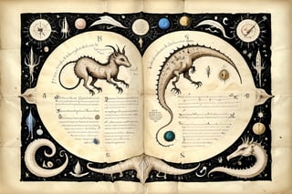 Aged parchment crackles with ancient wisdom as a medieval bestiary unfolds. Intricately illustrated creatures emerge from the yellowed pages of the Voynich Manuscript and Codex Seraphinianus. Delicate pencil strokes bring forth fantastical beasts amidst handwritten script on vintage paper, evoking a sense of forgotten knowledge.