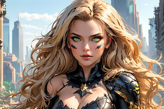 1girl, solo, long hair, breasts, looking at viewer, blonde hair, cleavage, bare shoulders, medium breasts, green eyes, upper body, parted lips, batgirl, cape, armor, lips, petals, strapless, wind