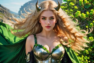 1girl, solo, long hair, breasts, looking at viewer, blonde hair, cleavage, bare shoulders, medium breasts, green eyes, upper body, parted lips, horns, cape, armor, lips, petals, strapless, wind