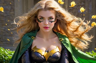 1girl, solo, long hair, breasts, looking at viewer, blonde hair, cleavage, bare shoulders, medium breasts, green eyes, upper body, parted lips, batgirl, cape, armor, lips, petals, strapless, wind