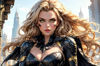 1girl, solo, long hair, breasts, looking at viewer, blonde hair, cleavage, bare shoulders, medium breasts, green eyes, upper body, parted lips, batgirl, cape, armor, lips, petals, strapless, wind