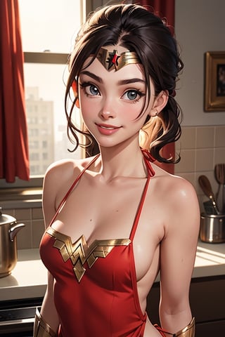 1girl, masterpiece, top quality, 8K, detailed skin texture, detailed cloth texture, beautiful detailed face, intricate details, ultra Details, Audrey Hepburn smile, Apron_wonder woman uniform, sorrel fluffy hair, (half body: 1.2), （smile face）, warm lighting,micro bikini