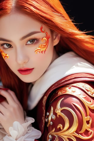 (NSFW), (masterpiece), (best quality), (beautiful eyes: 1.3), 8K, HDR, A figure with fiery red long hair, blazing eyes, flaming red lips, crimson eyebrows, scarlet irises, and fair pink skin, wearing a half-face mask adorned with flames, donning a cloak with fiery patterns, and clad in orange-red leather armor.,photo r3al