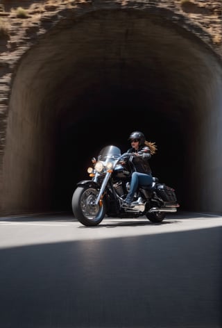 Masterpiece,ultra detail, realistic,a low-contrast image of a huge tunnel that curves to the right and is made of L-shaped steel and rock walls, the tunnel has no top, only pillars on the sides, a sense of high speed, a very slow shutter speed, long exposure, long red taillights trailing on the tunnel road, strong side light shining through the gaps between the pillars, a beautiful woman in a black leather jacket riding a Harley speeding up, creating a strong contrast of light and shadow, about 7 pillars, light from the side, simple, high contrast, low saturation
