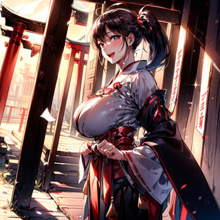 (Young 1pony tail girl:1.3, solo), (shop girl), (upper body:1.3), (standing at Japanese ancient Temple, Torii background:1.3), (((starring at the viewer:1.5))), (leaning forward:1.3), BREAK, 1girl, solo, milf, girl, hot model, (attractive model:1.37), (promotional model:1.2), highly detailed eyes and pupils, realistic skin, ((attractive body, gigantic breast:1.38, disproportionate breasts:1.38, thin waist:1.15)), ((pony-tail:1.5)), pony tail hair,  (shiny-black hair:1.3), extremely detailed hair, delicate sexy doable face, sensual gaze, shiny lips, BREAK, (miko uniform:1.3), red hakama skirt:1.3),(white sleeves:1.2),(japanese clothes:1.0), detailed clothes, BREAK, (blurry background:1.5,simple background, no-human background, detailed background), (under sunset:1.37), BREAK, (attractive posing), ((realistic, super realistic, realism, realistic detail)), perfect anatomy, perfect proportion, bokeh, depth of field, hyper sharp image, (attractive emotion, seductive smile:1.2, happy:1.2, blush:1.2, :d:1.2, :p:1.2), 4fingers and thumb, perfect human hands, wind, BREAK, (Masterpiece, best quality, photorealistic, highres, photography, :1.3), ultra-detailed, sharp focus, professional photo, commercial photo,1 Asian girl,breasts_exposed 