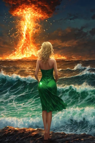 Masterpiece,ultra detail, high_resolution,at night ,realistic,ultra detail,nuclear boomb explosion on far ,Ocean, fire ocean ,huge wave,a girl reflection  in water ,beautiful, green eye, blonde,one piece dress ,bare_shoulder 