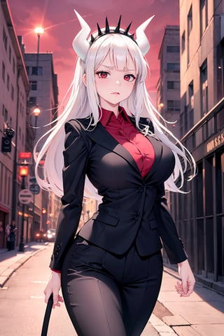 (masterpiece), best quality, high resolution, extremely detailed, detailed background, better_hands, hands, 1 girl, solo, lucifer, horns, demon girl, demon horns, mole, mole under eye, white horns, tail, shirt, demon tail, long hair, red shirt, large breasts, blunt bangs, collared shirt, gloves, formal, suit, pants, curvy, slim waist, big breasts, at city, scenary, grumpy face, walking, beautiful eyes.