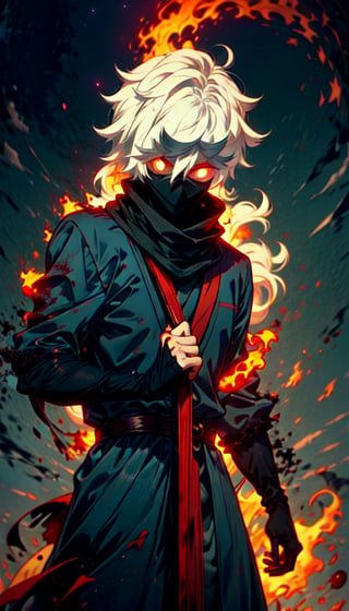 Gabimaru wearing a black ninja dress, white hair, levitating hair, detailed red glowing eyes, detailed flames around him , looking at the viewer,on right side of image, wearing a black scarf, blood on his clothes ,blood on his clothes ,no mask 