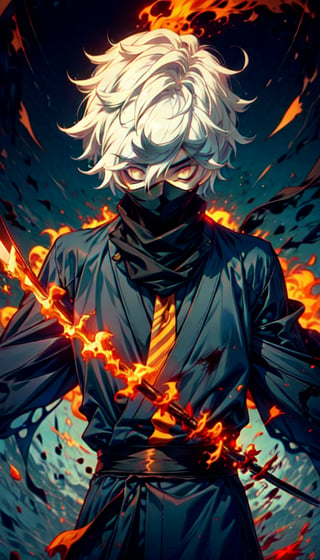 Gabimaru wearing a black ninja dress, white hair, levitating hair, detailed eyes, detailed flames around him , looking at the viewer,on right side of image, wearing a black scarf, blood on his clothes ,blood on his clothes ,no mask 