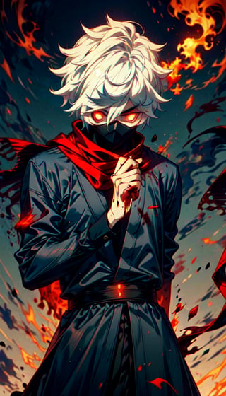 Gabimaru wearing a black ninja dress, white hair, levitating hair, detailed red glowing eyes, detailed flames around him , looking at the viewer,on right side of image, wearing a black scarf, blood on his clothes ,blood on his clothes 