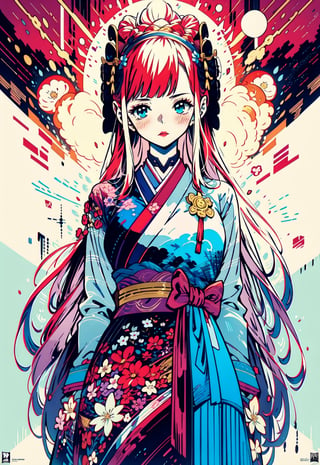 KozukiHiyori wearing naby blue kimino, with golden and red colour design on it, red sash, long sleves, in the style of poster art, dark white and light magenta, highly detailed illustrations, above torso, posing, serene faces, light teal and light red, smooth lines, comic art --ar --s-750,midjourney