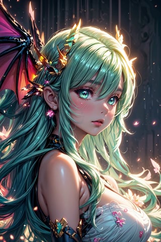 masterpiece, 1 girl, Extremely beautiful woman standing in a lake with very large glowing dragon wings, glowing hair, long cascading hair, neon mint green hair, mint green and white dress, twilight, lots of tiny fairies flying around, full lips, hyperdetailed face, detailed eyes, dynamic pose, cinematic lighting, pastel colors, perfect hands, dragon girl, girl with dragon wings, dark fantasy