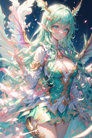 masterpiece, 1 girl, Extremely beautiful woman standing in a lake with very large glowing dragon wings, glowing hair, long cascading hair, neon mint green hair, mint green and white dress, twilight, lots of tiny fairies flying around, full lips, hyperdetailed face, detailed eyes, dynamic pose, cinematic lighting, pastel colors, perfect hands, dragon girl, girl with dragon wings, dark fantasy