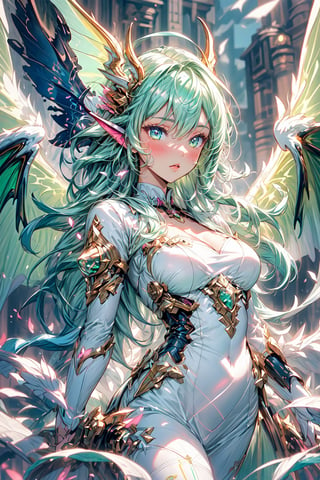 masterpiece, 1 girl, Extremely beautiful woman standing in a lake with very large glowing dragon wings, glowing hair, long cascading hair, neon mint green hair, mint green and white dress, twilight, lots of tiny fairies flying around, full lips, hyperdetailed face, detailed eyes, dynamic pose, cinematic lighting, pastel colors, perfect hands, dragon girl, girl with dragon wings, dark fantasy