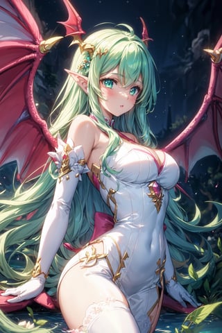 masterpiece, 1 girl, Extremely beautiful woman standing in a lake with very large glowing dragon wings, glowing hair, long cascading hair, neon mint green hair, mint green and white dress, twilight, lots of tiny fairies flying around, full lips, hyperdetailed face, detailed eyes, dynamic pose, cinematic lighting, pastel colors, perfect hands, dragon girl, girl with dragon wings, dark fantasy