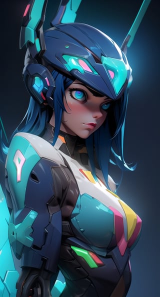 (blue neon futuristic armor:1.2), | ultra-detailed, 
upper body shot, photorealistic, masterpiece, solo, woman, | mecha, mechanical girl, blue neon light exosuit, neon genesis evangalion, mechanical pilot suit, beautiful eyes, perfect detail, medium breast, cinematic lighting, dark studio, hyperdetailed helmet, neon lights, | futuristic city, bokeh, depht of field,3DMM