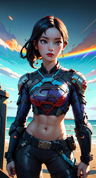 centered, masterpiece, korean supergirl, lowleg black shorts, midriff, navel, wet body in the beach, rainbow in the sky, natural skin texture, soft cinematic light, adobe lightroom, photolab, hdr, intricate, elegant, highly detailed, sharp focus, (cinematic look), soothing tones, insane details, intricate details, hyperdetailed, low contrast, soft cinematic light, dim colors, exposure blend, hdr, faded, cartoon, (detailed cloudscape:1.1), beautiful face, beautiful eyes, fantasy, dreamlike, unreal, science fiction, perfect light, red moon, | ,yihyun,so-hyun.lvl2,Science Fiction