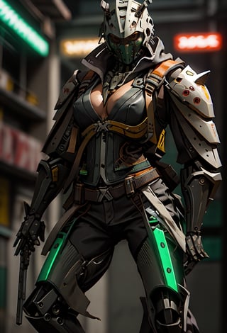 Muscular Female, detailed background, ruins in background, 8k, best quality, ultra quality, leather vest, ((masterpiece, best quality, highres:1.2)), looking at the camera, dual tone light source, detailed face, detailed eyes, dinamic pose, action pose, ((mechanized arms)), neon lighting, many flasks with green glowing liquid,perfect detail, perfect feet, sexy legs, open legs, medium breast, nice boobs, lots of exposed skin, full body, cleavage cutout, torn clothing, torn armor, ripped armor, damaged armor, dirty armor, wounded face, dirty face,
mecha,cyborg style,kitana,3DMM,edgGaruda_hoodie,sivir,perfecteyes,miami darryl,urban techwear