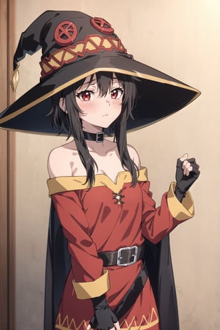 megumin,1girl,bare shoulders,black cape,black gloves,black hair,blush,cape,choker,collarbone,dress,fingerless gloves,gloves,hair between eyes,hat,long sleeves,looking at viewer,medium hair,off-shoulder dress,off shoulder,red dress,red eyes,sidelocks,simple background,solo,indoors,witch hat,masterpiece