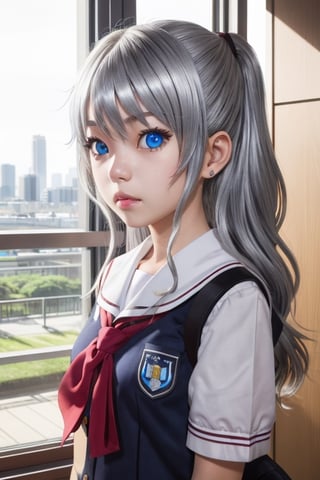 masterpiece,best quality,1girl,loli,Real people,nao tomori,Silver hair,Blue pupil,School uniform,Petite,