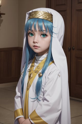 masterpiece,best quality,1girl,little girl,loli,child,index liborium prohibitorum,solo, long hair, green eyes, blue hair, robe, nun, safety pin,