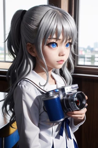 masterpiece,best quality,1girl,loli,Real people,nao tomori,Silver hair,Blue pupil,School uniform,Petite,Handheld camera,