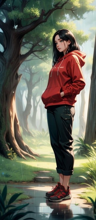 16k, realistic, perfect, dark green forest,1 girl,
,rain, big old tree ,
, long black hair,
,cry,
,little girl, (put both hands into the pockets of the red hoodie),

,long black loose trousers,

,full_body,

,, seen from afar,perfecteyes