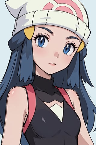 masterpiece, best quality, 1girl, dawn \(pokemon\), beanie, blue hair, blue eyes, closeup, sketch, simple background