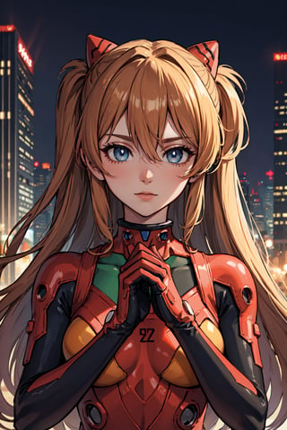 asukalangley, asuka langley soryu, blue eyes, hair between eyes, headgear, interface headset, orange hair,BREAK bodysuit, long sleeves, plugsuit, red bodysuit,BREAK outdoors, city,BREAK looking at viewer, BREAK, (masterpiece:1.2), best quality, high resolution, unity 8k wallpaper, (illustration:0.8), (beautiful detailed eyes:1.6), extremely detailed face, perfect lighting, extremely detailed CG, (perfect hands, perfect anatomy)