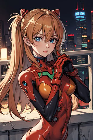 asukalangley, asuka langley soryu, blue eyes, hair between eyes, headgear, interface headset, orange hair,BREAK bodysuit, long sleeves, plugsuit, red bodysuit,BREAK outdoors, city,BREAK looking at viewer, BREAK, (masterpiece:1.2), best quality, high resolution, unity 8k wallpaper, (illustration:0.8), (beautiful detailed eyes:1.6), extremely detailed face, perfect lighting, extremely detailed CG, (perfect hands, perfect anatomy)