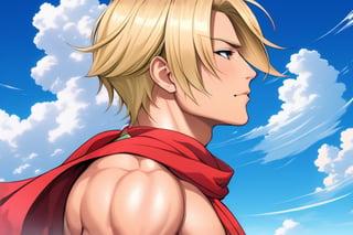 a stylized portrait of a young man in profile view facing right, with short blonde hair, wearing a flowing red scarf blowing in the wind, he is muscular and bare chested, standing in front of a blue sky and clouds, in an anime art style, final fantasy, JRPG aesthetic, vibrant colors, detailed and dynamic composition.