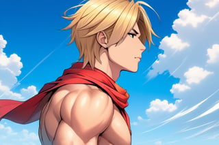 a stylized portrait of a young man in profile view facing right, with short blonde hair, wearing a flowing red scarf blowing in the wind, he is muscular and bare chested, standing in front of a blue sky and clouds, in an anime art style, final fantasy, JRPG aesthetic, vibrant colors, detailed and dynamic composition.